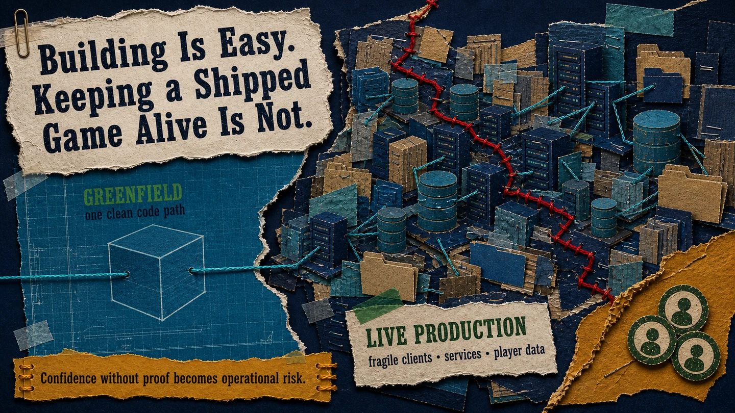 A clean greenfield game project contrasted with the complexity of operating a shipped live game.