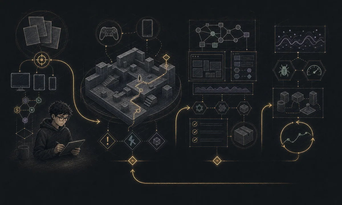 Hand-drawn workflow connecting project scope, playable prototyping, production release, and iteration