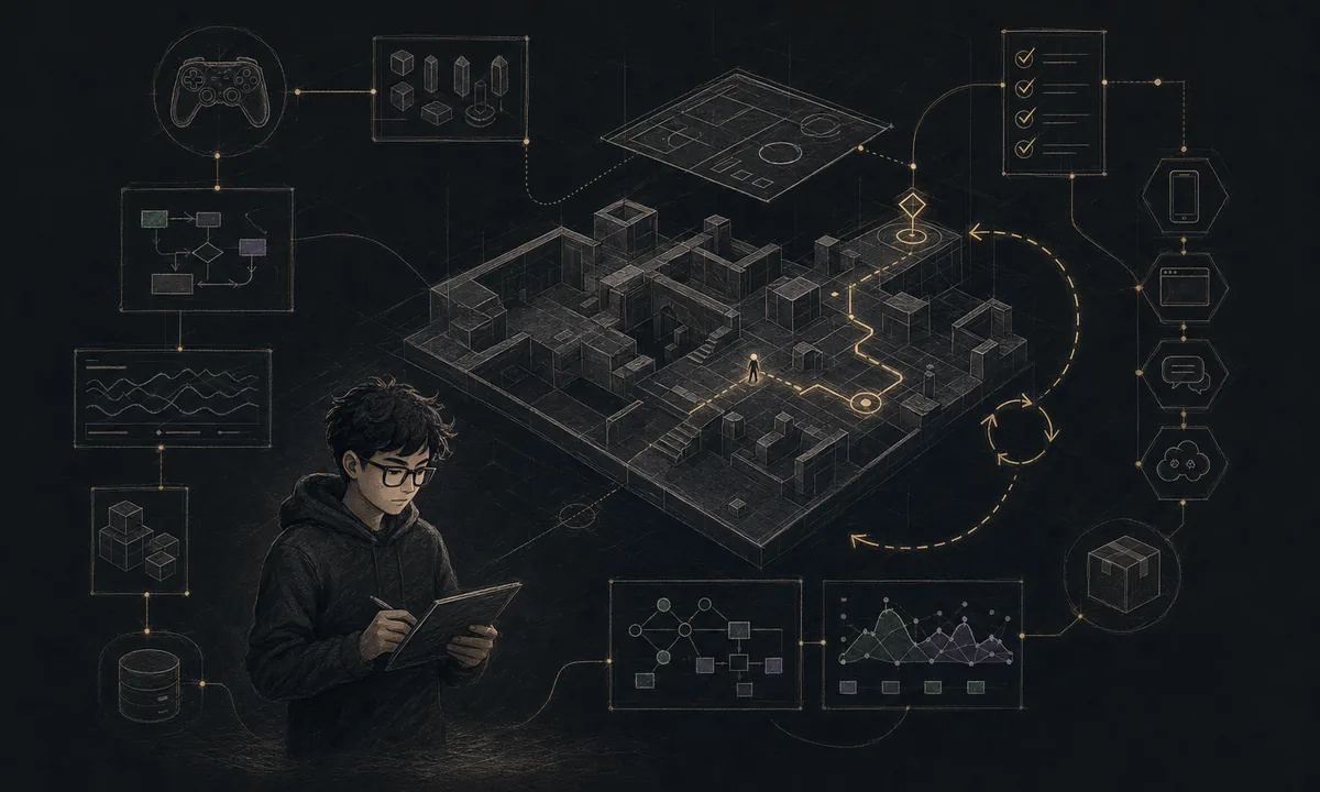 Hand-drawn game production map connecting gameplay, systems, profiling, and release ownership